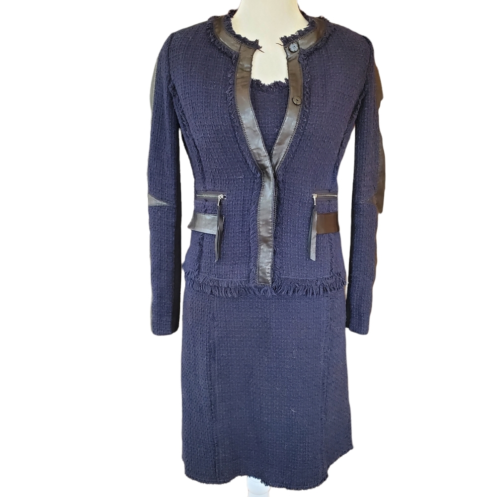 Rebecca Taylor Navy Tweed Dress with Black Leather Trim